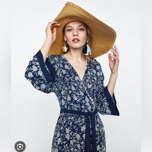 Zara kimono robe wrap tie dress navy & white floral size M